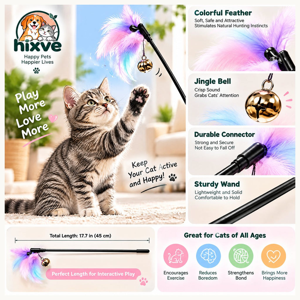 Pastel Feather Cat Teaser Wand with Bell — 3