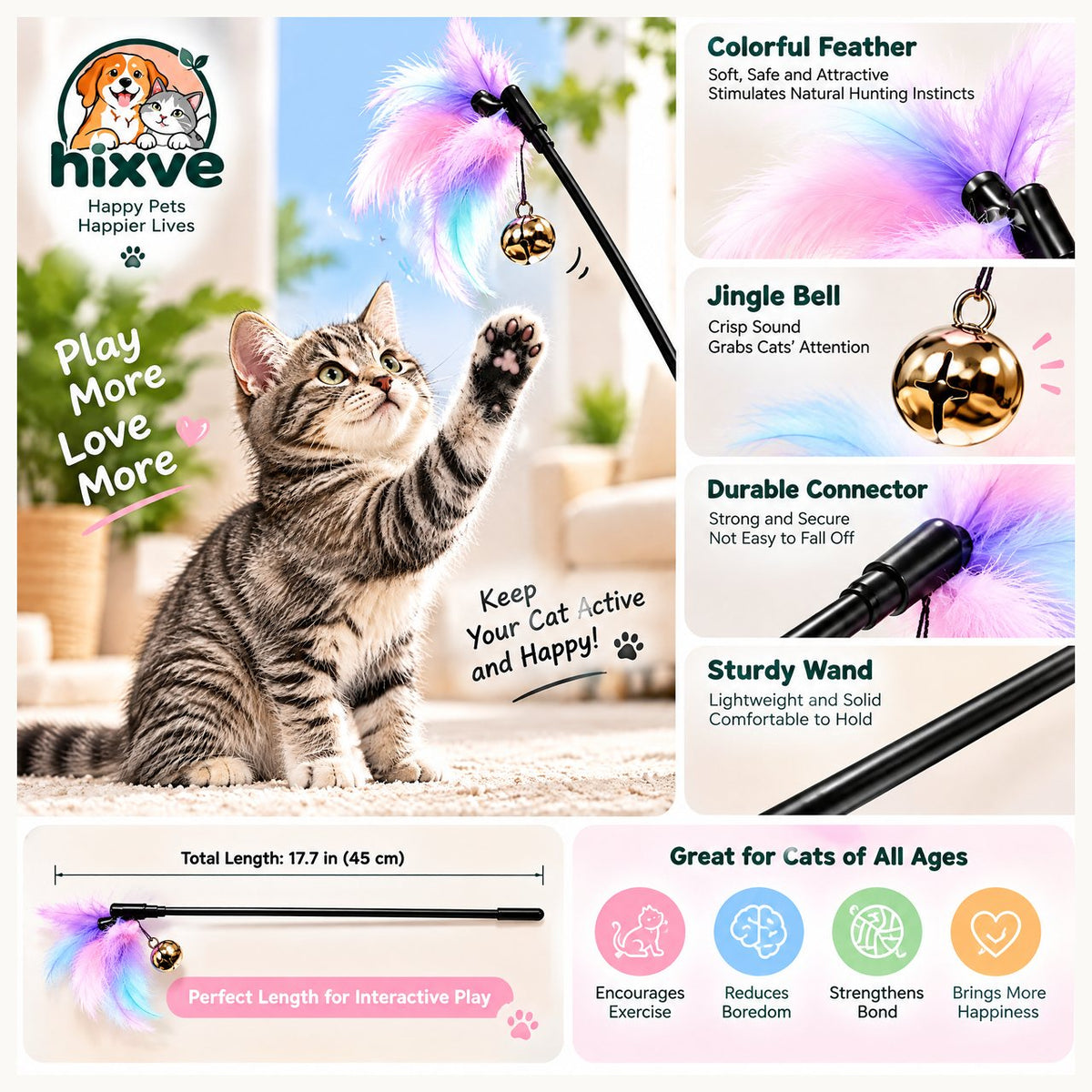 Pastel Feather Cat Teaser Wand with Bell — 3