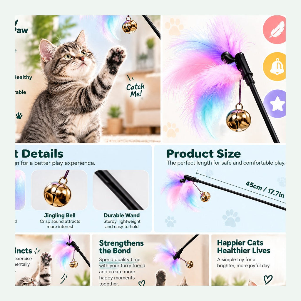 Pastel Feather Cat Teaser Wand with Bell — 5