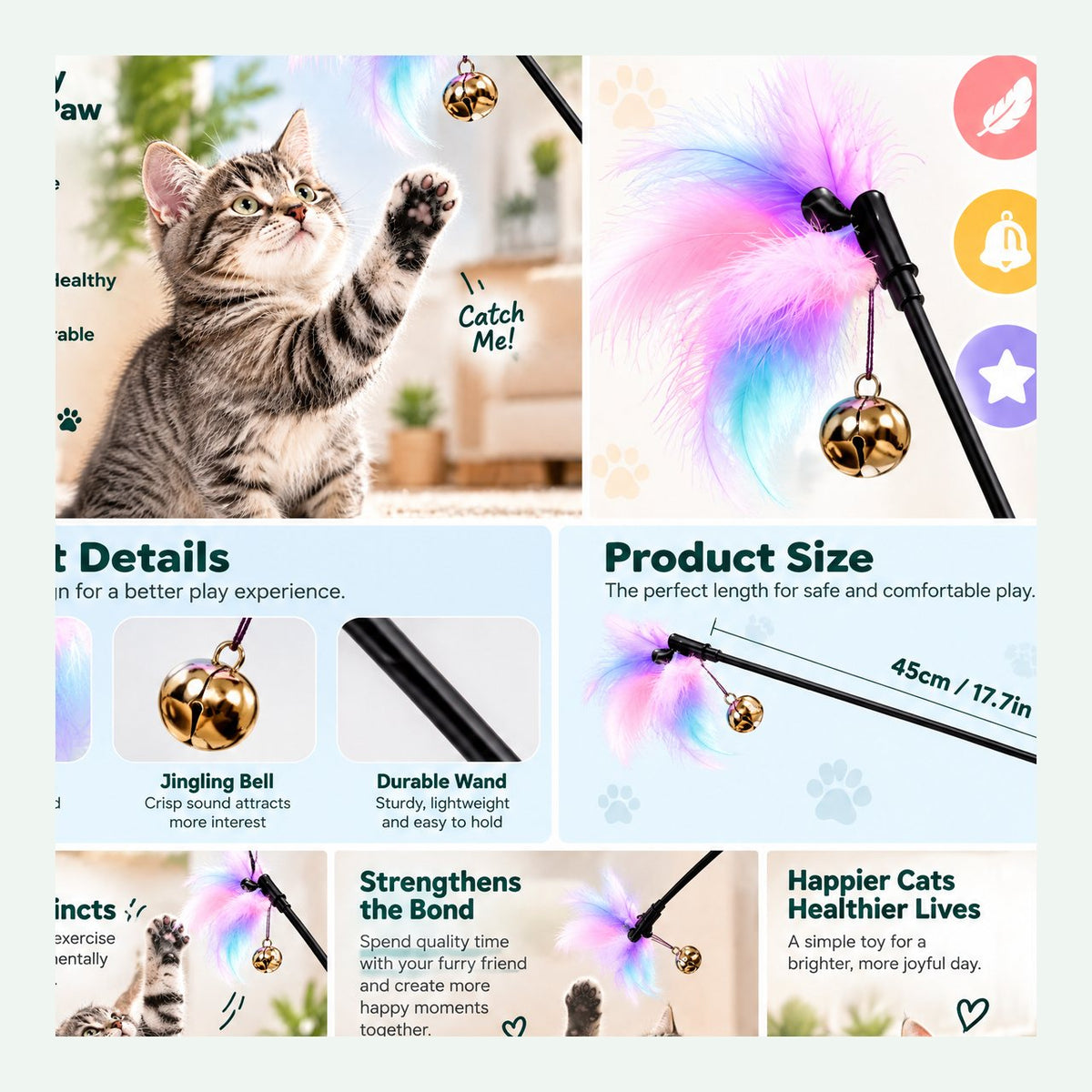 Pastel Feather Cat Teaser Wand with Bell — 5