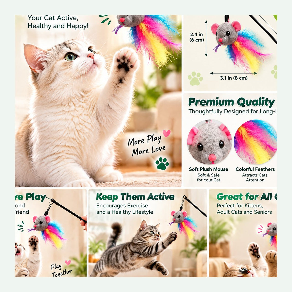 Rainbow Mouse Feather Cat Wand image 5
